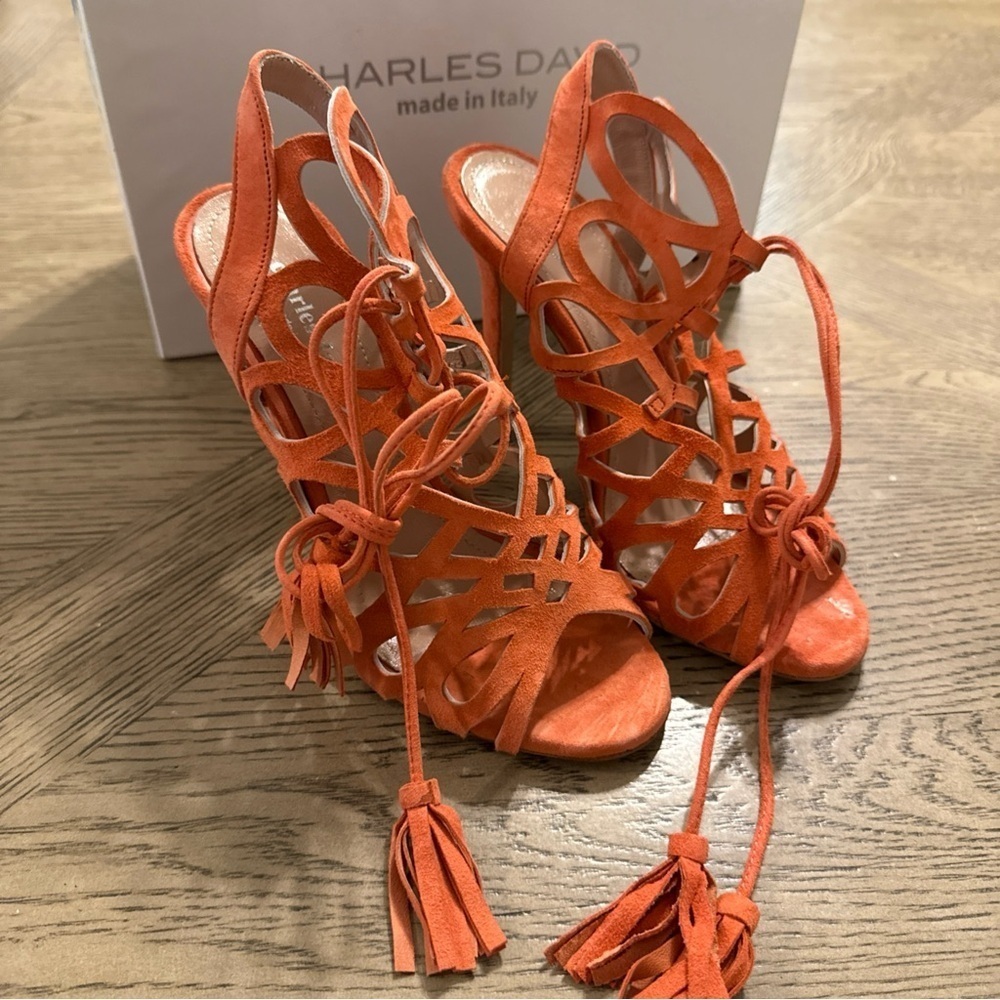 Charles David Priscilla Strappy Ankle-Tie Suede Sandal - salmon size 6